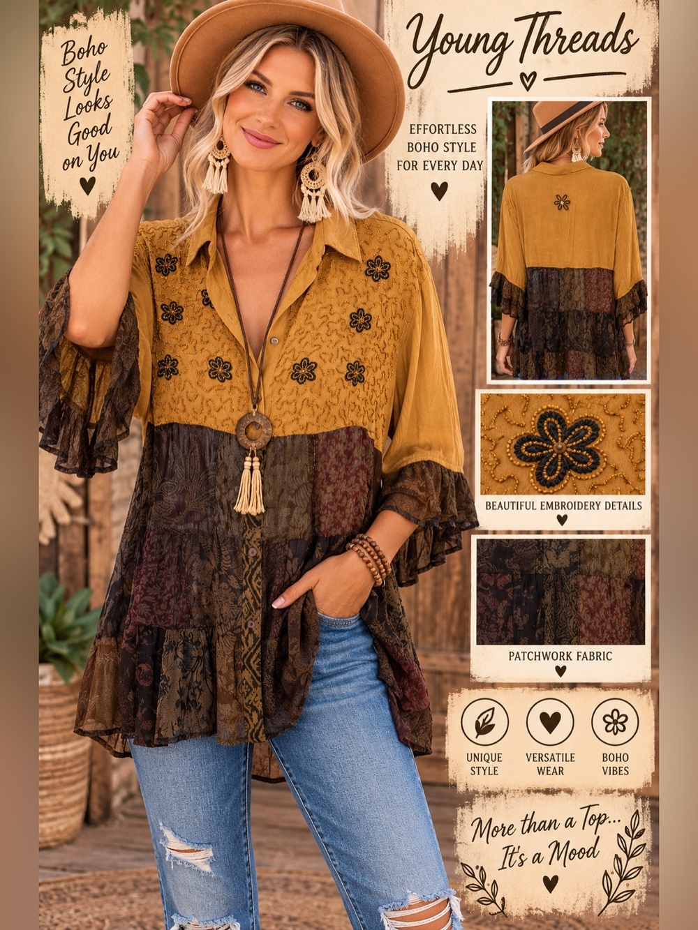Young Threads Mustard Patchwork Embroidered Boho Tunic